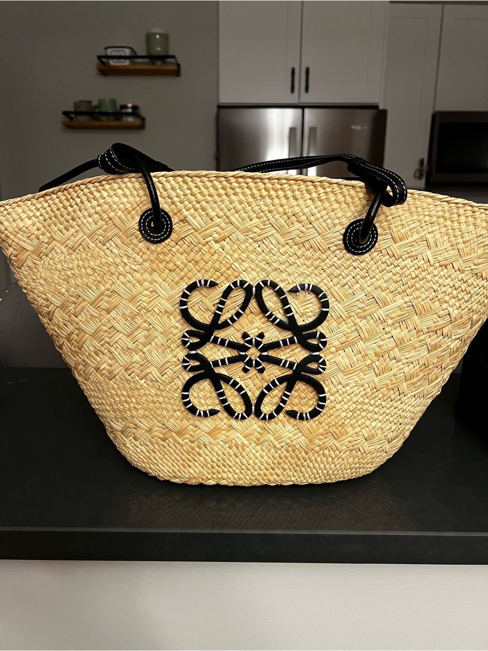 Loewe medium Anagram palm and black leather basket Tote Bag with COA